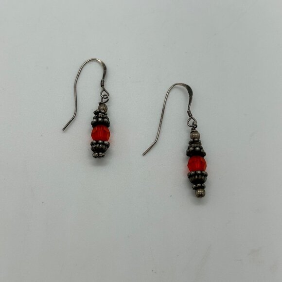 Sterling Silver Earrings Glass Orange and Silver Beads Pierced Dangle Vintage - Picture 1 of 13